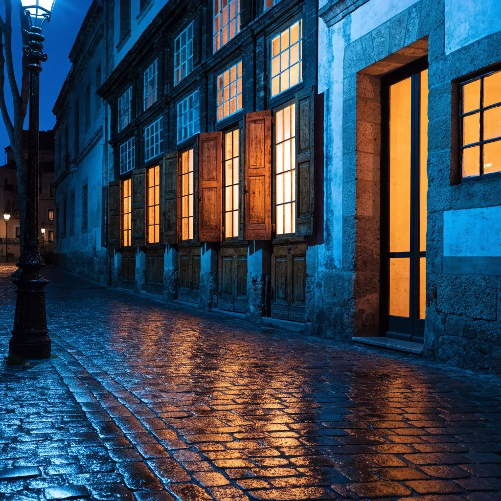 Fachada de la oficina editorial en el casco antiguo de Sevilla de noche, con luz cálida en el interior