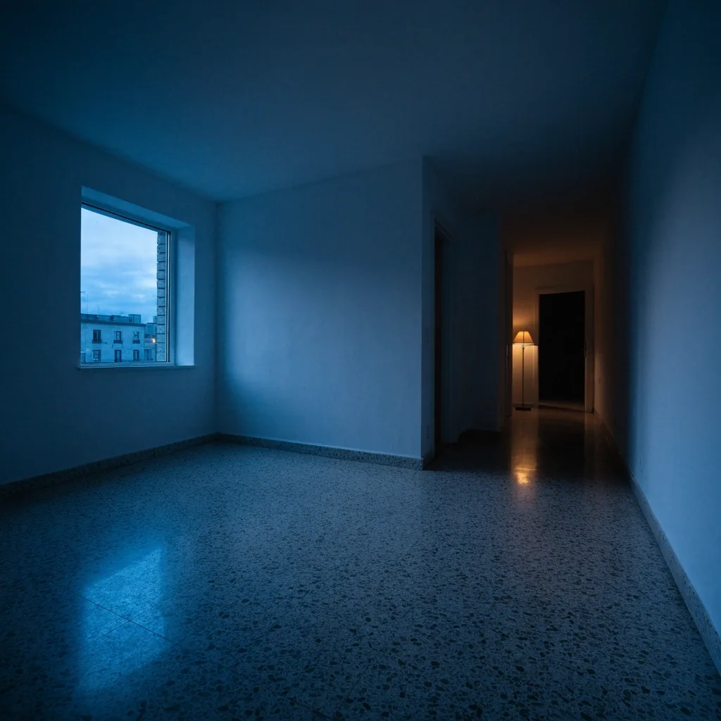 Salón vacío de un piso en alquiler con luz de atardecer