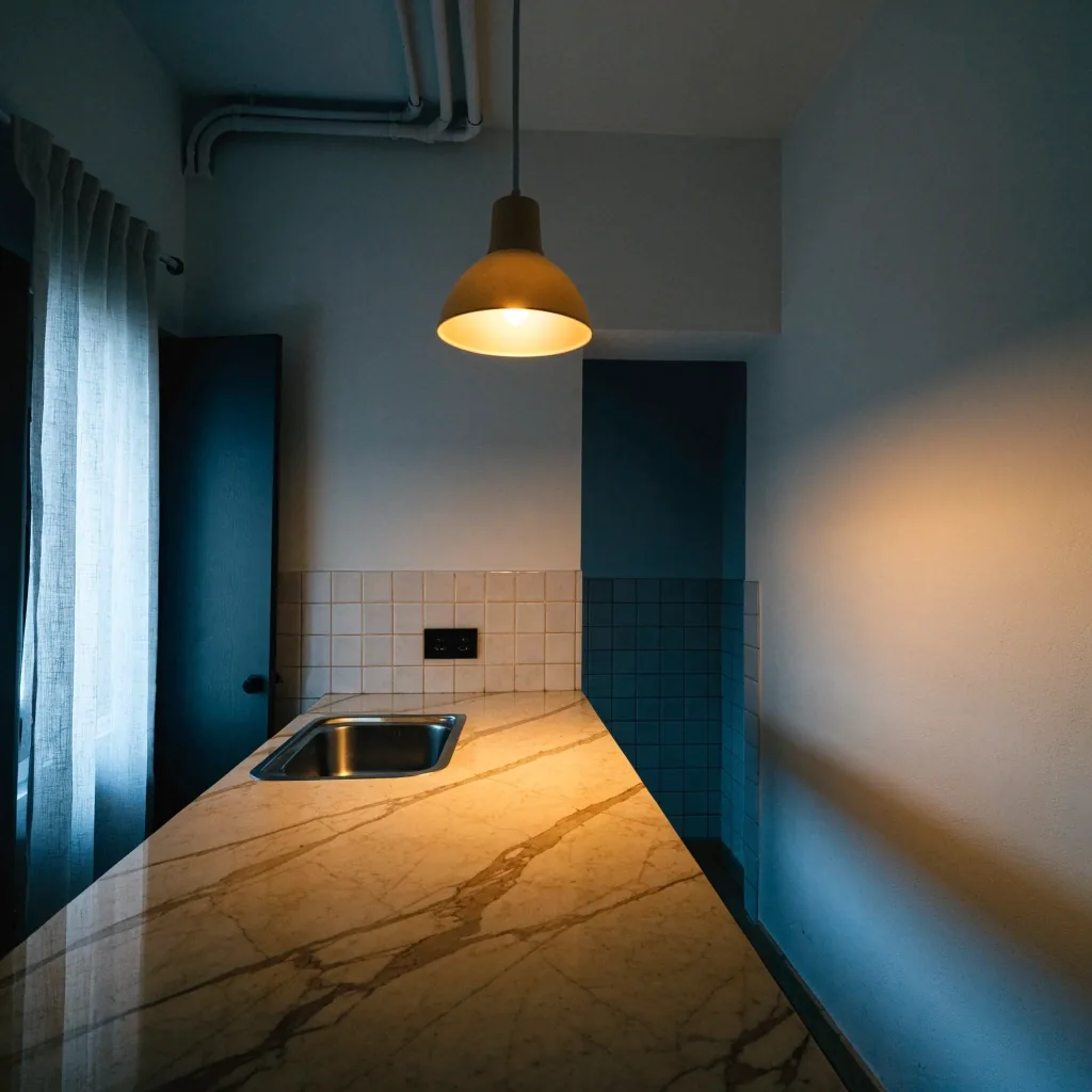 Cocina de un piso vacío entre inquilinos, iluminada por una lámpara colgante cálida