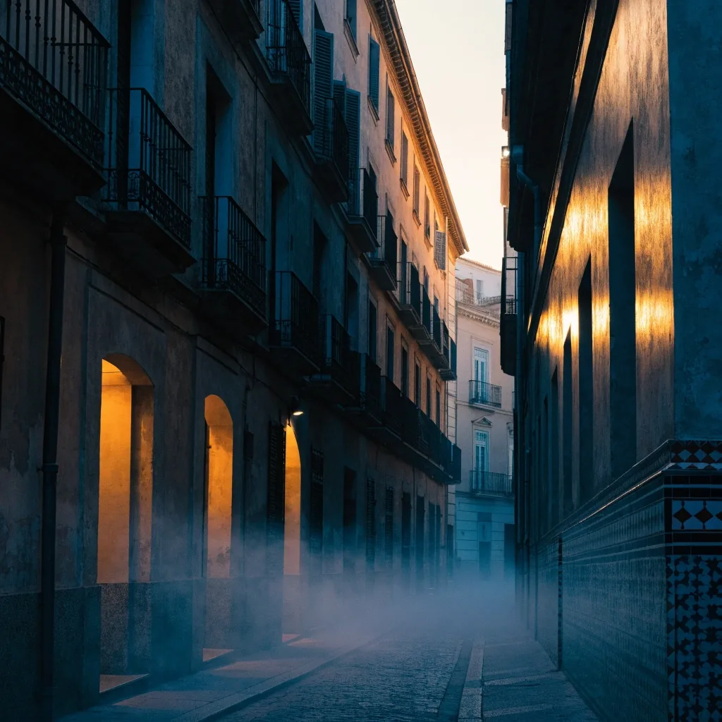 Fachada de un edificio de viviendas en Sevilla al anochecer, con portales iluminados y niebla baja en la calle