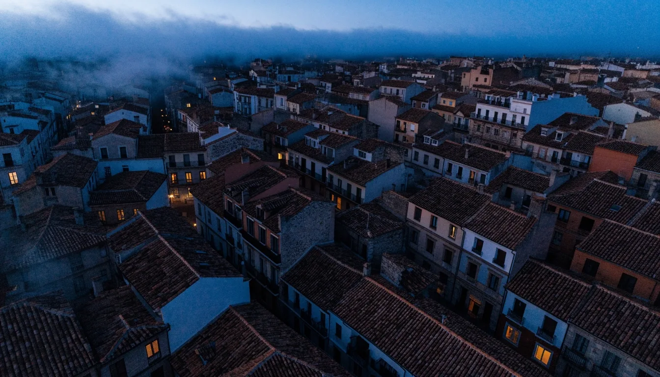 Vista aérea de tejados de una ciudad española al anochecer, con niebla baja entre las manzanas