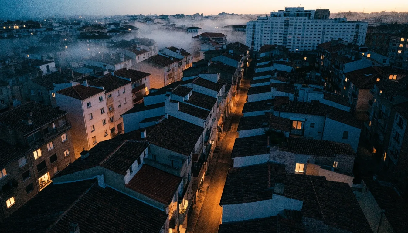 Vista elevada de tejados y edificios residenciales de una ciudad española al anochecer, con niebla baja
