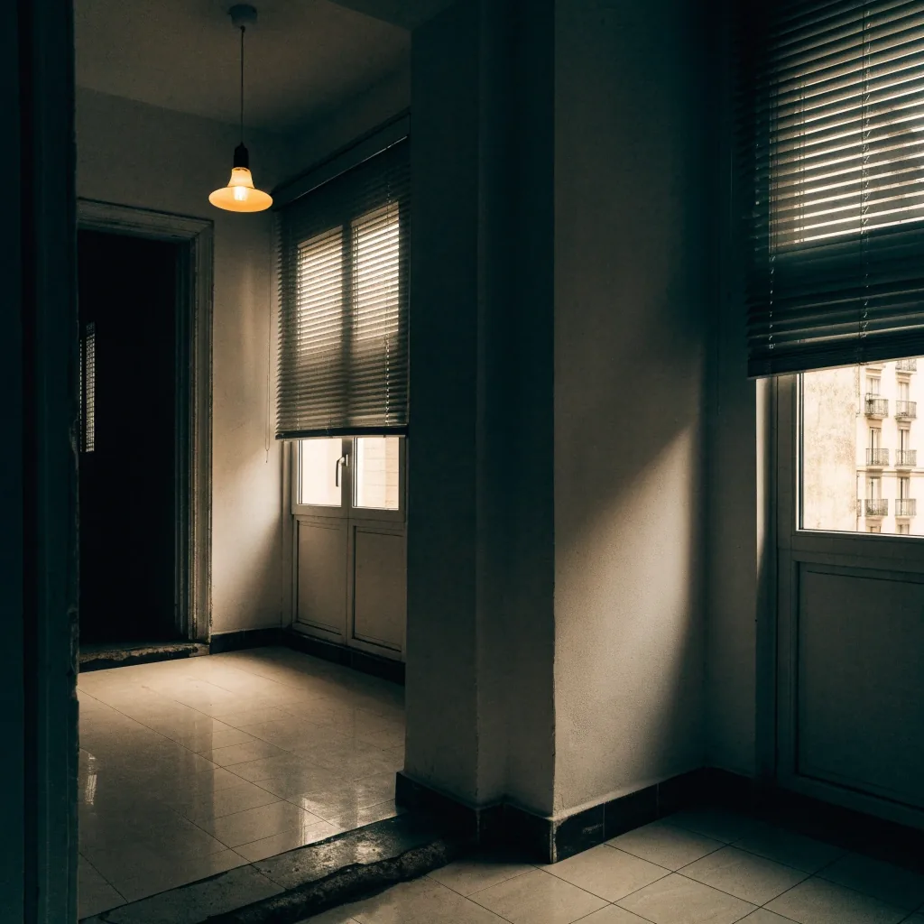 Salón vacío de un piso de alquiler con persianas entornadas antes de cerrar la compra