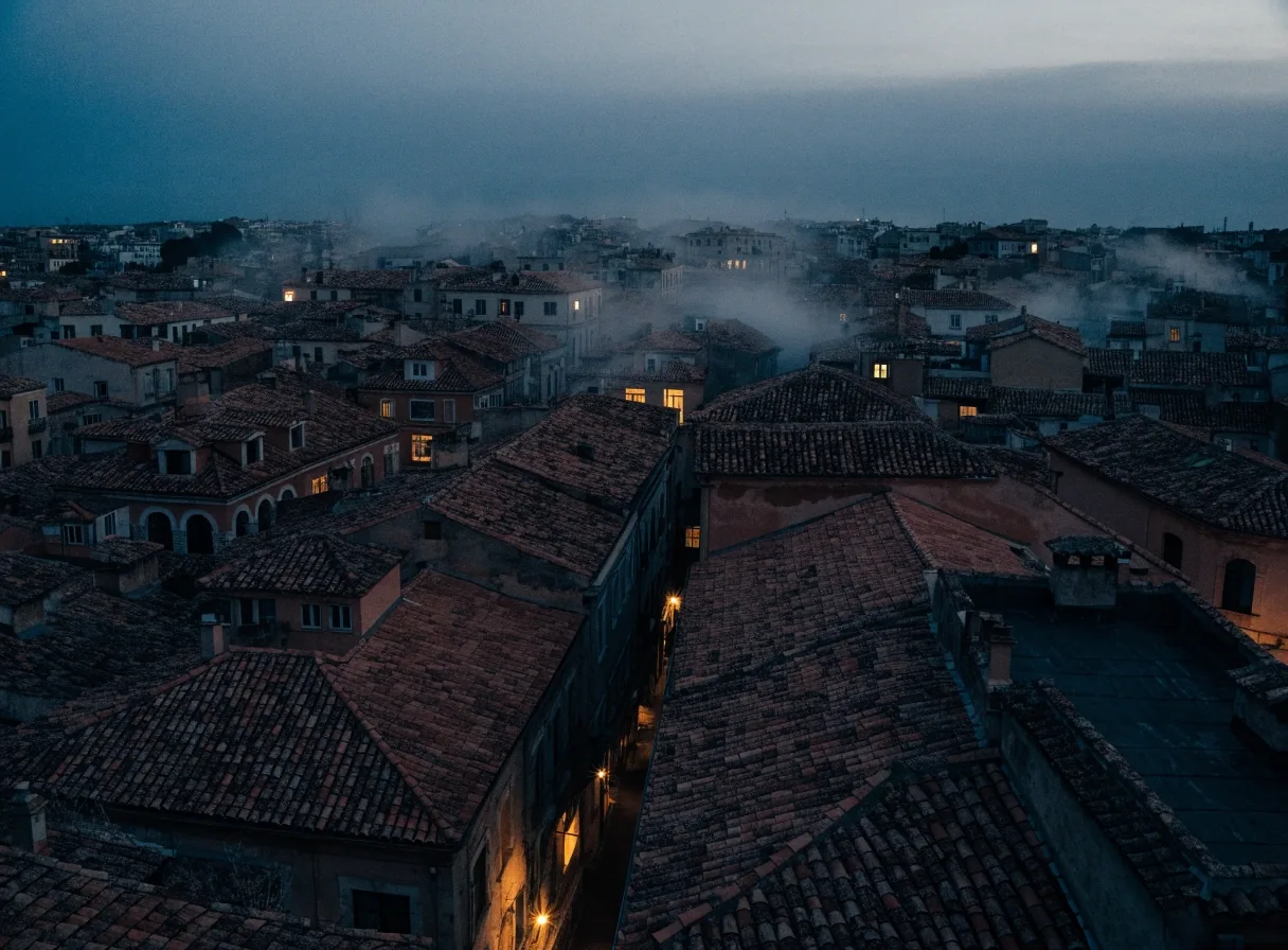 Vista elevada al anochecer sobre tejados de una ciudad española, con niebla baja y luces cálidas dispersas
