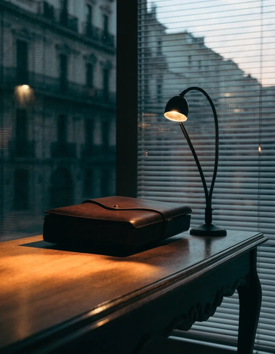 Escritorio de oficina en Sevilla de noche con carpeta, pluma y lámpara encendida