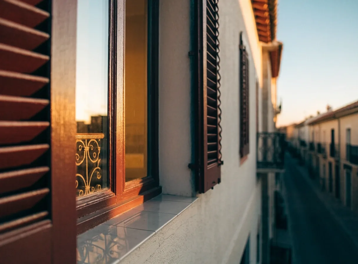 Fachada de un bloque de viviendas en Sevilla al anochecer, con luz cálida en algunas ventanas