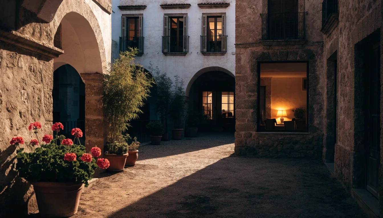 Rincón residencial de Sevilla al anochecer, con luz cálida en las ventanas