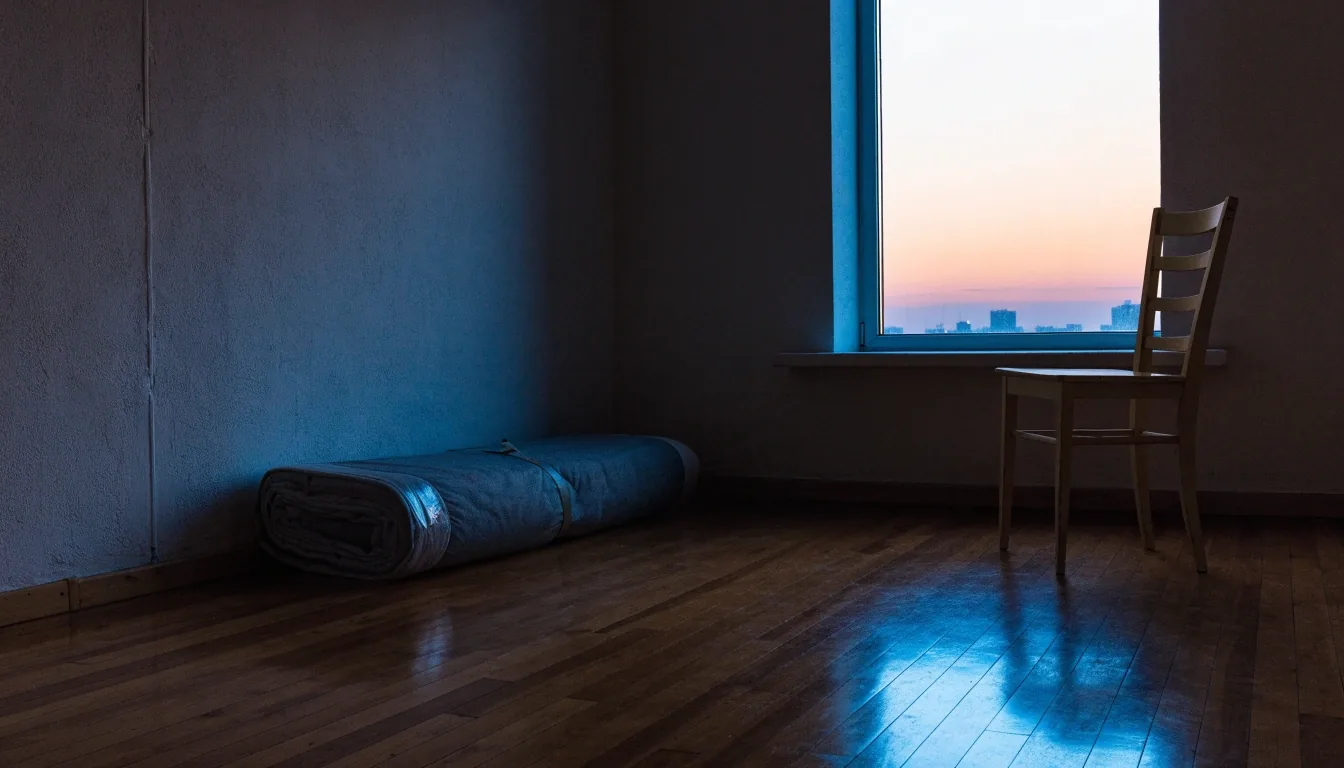 Salón de un piso alquilado entre contratos, con la luz fría de la ventana al fondo