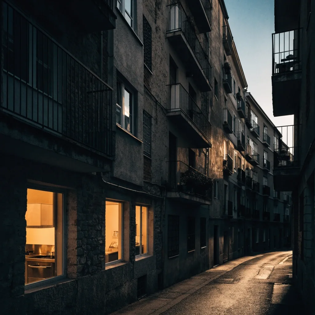 Bloque residencial urbano en España al atardecer, con cocinas encendidas y cielo azul frío