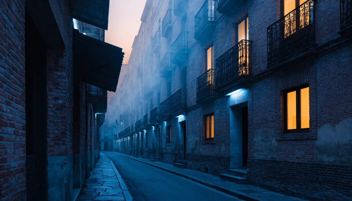 Fachada de un bloque de viviendas en Sevilla al anochecer, con ventanas encendidas y niebla baja