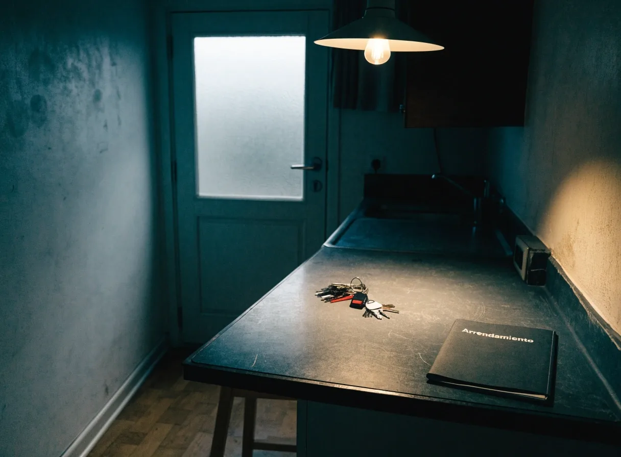 Interior de un piso de alquiler entre inquilinos, con llaves y una carpeta sobre la encimera
