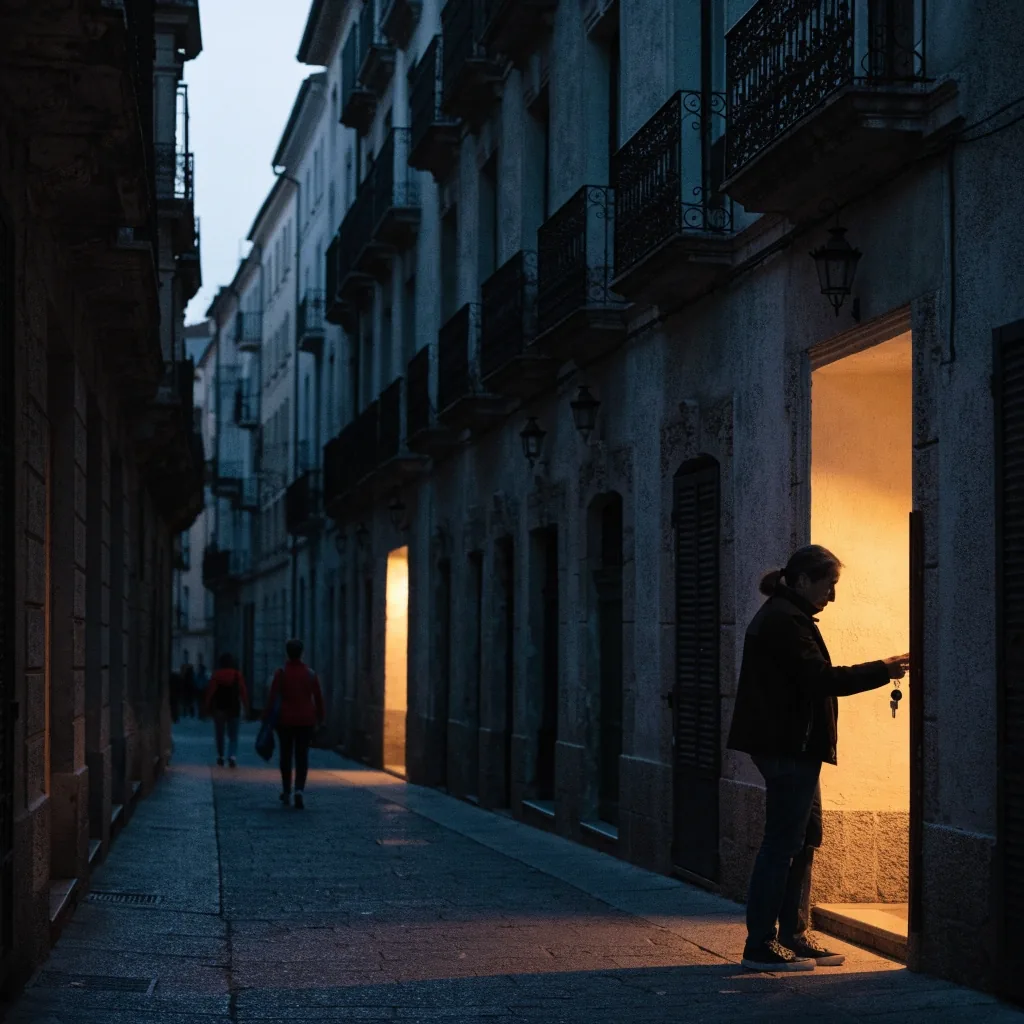 Vista al atardecer sobre los tejados de una ciudad española, con ventanas encendidas