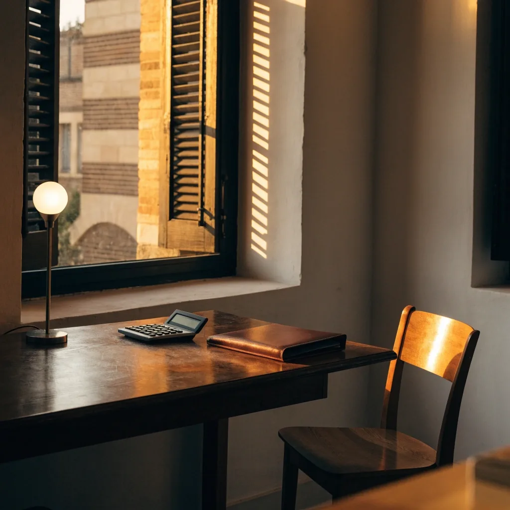 Manos sobre una mesa de madera con un bolígrafo y una hoja en blanco bajo la luz cálida de una lámpara